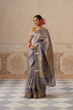 Navy Blue Silk Tissue Stripes Saree
