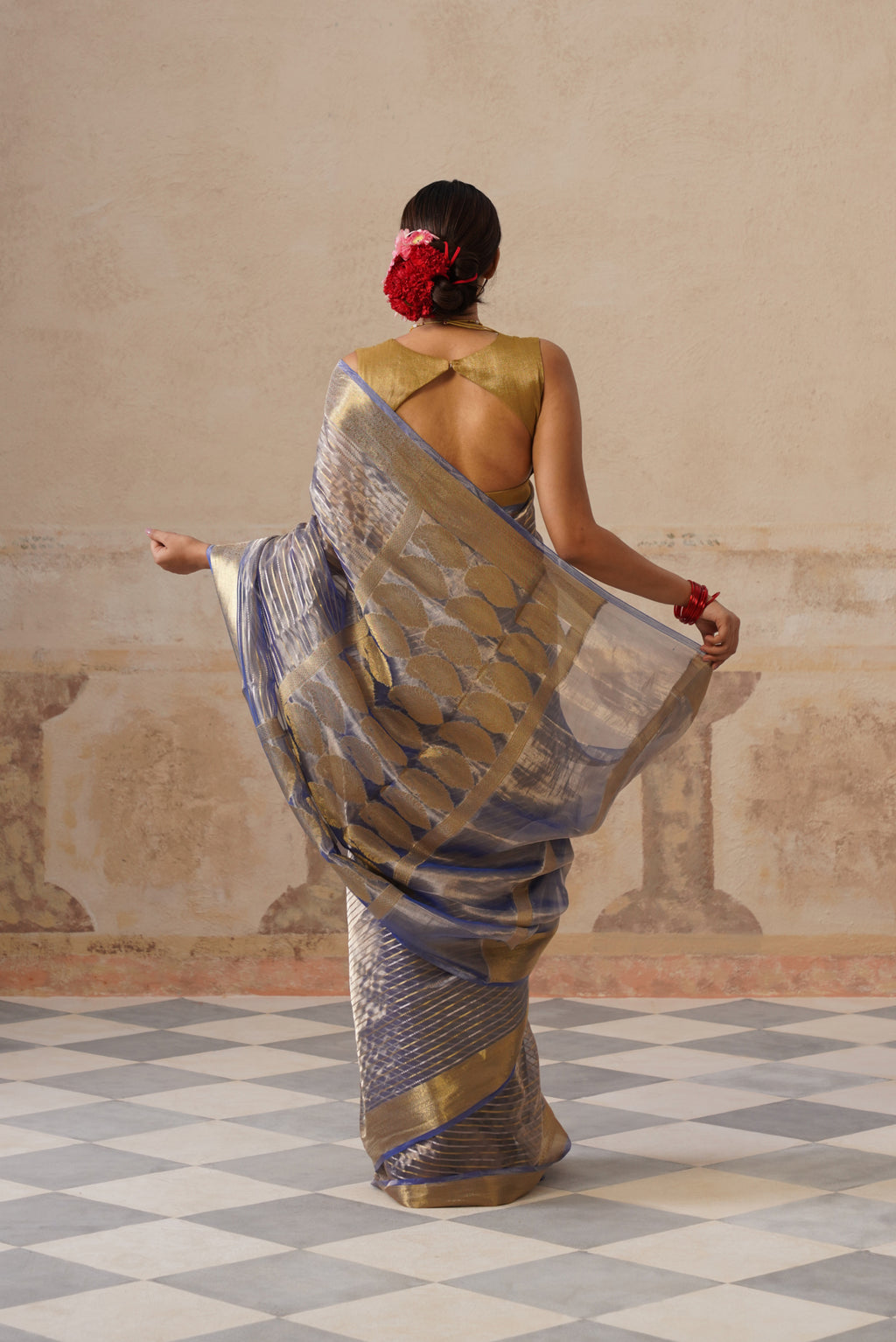 Navy Blue Silk Tissue Stripes Saree