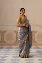 Navy Blue Silk Tissue Stripes Saree