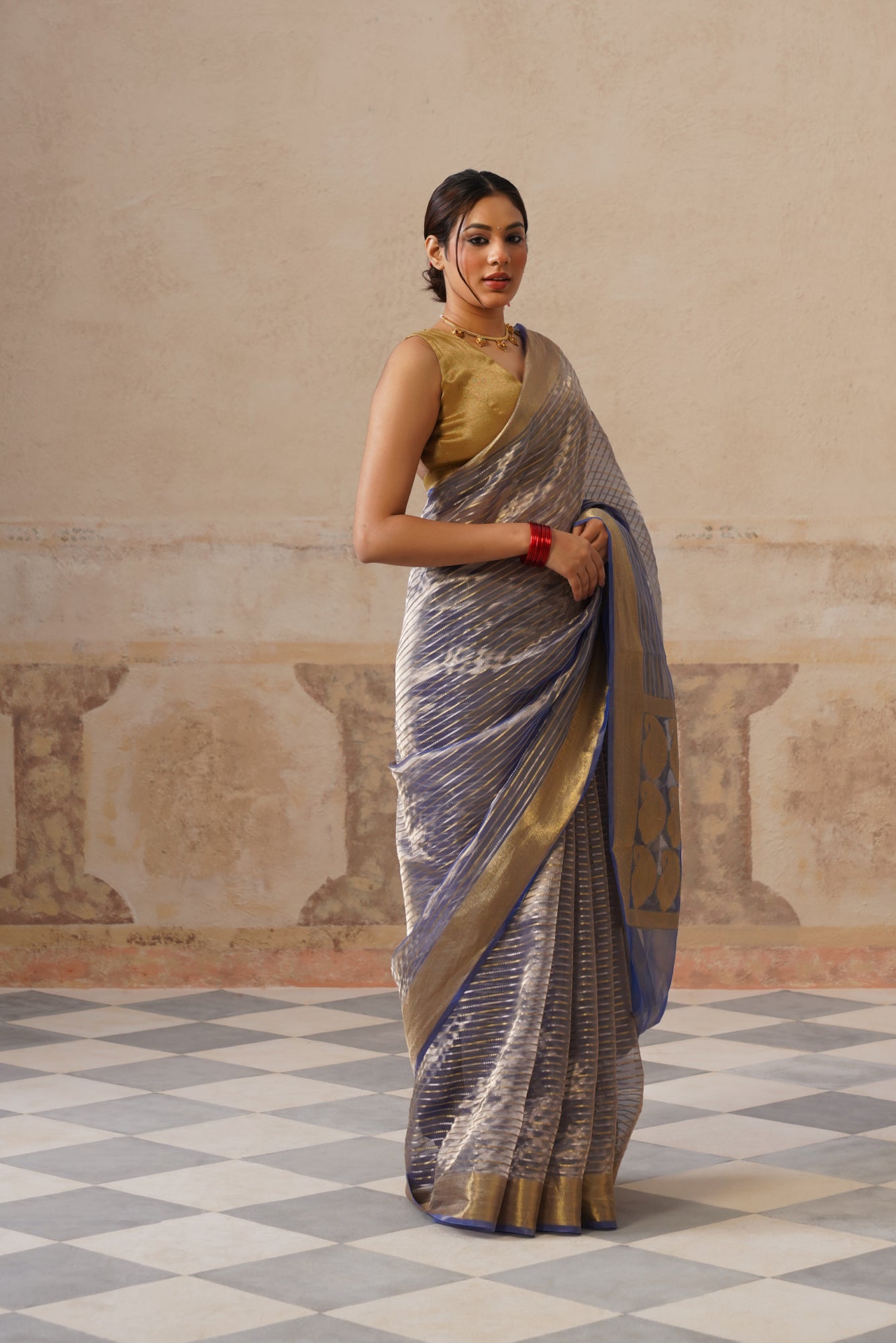 Navy Blue Silk Tissue Stripes Saree