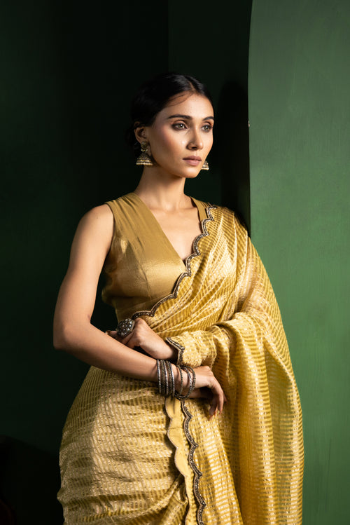 Autumn Mustard Pure Zari Stripes Saree