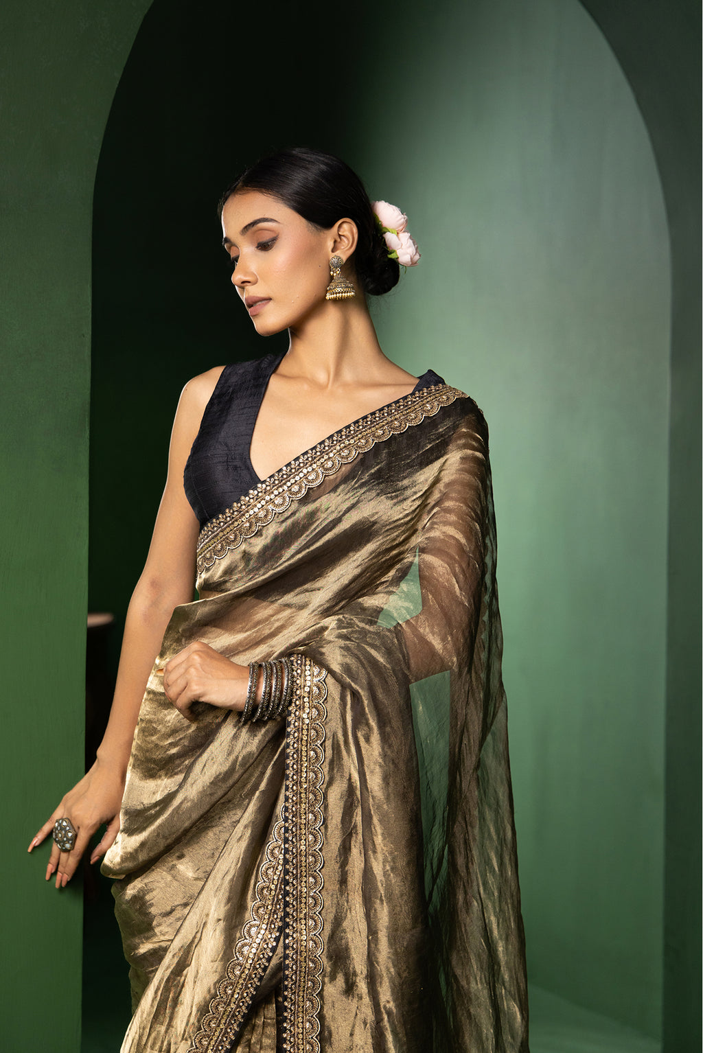 Moonlight Gold Silk Organza Tissue Saree