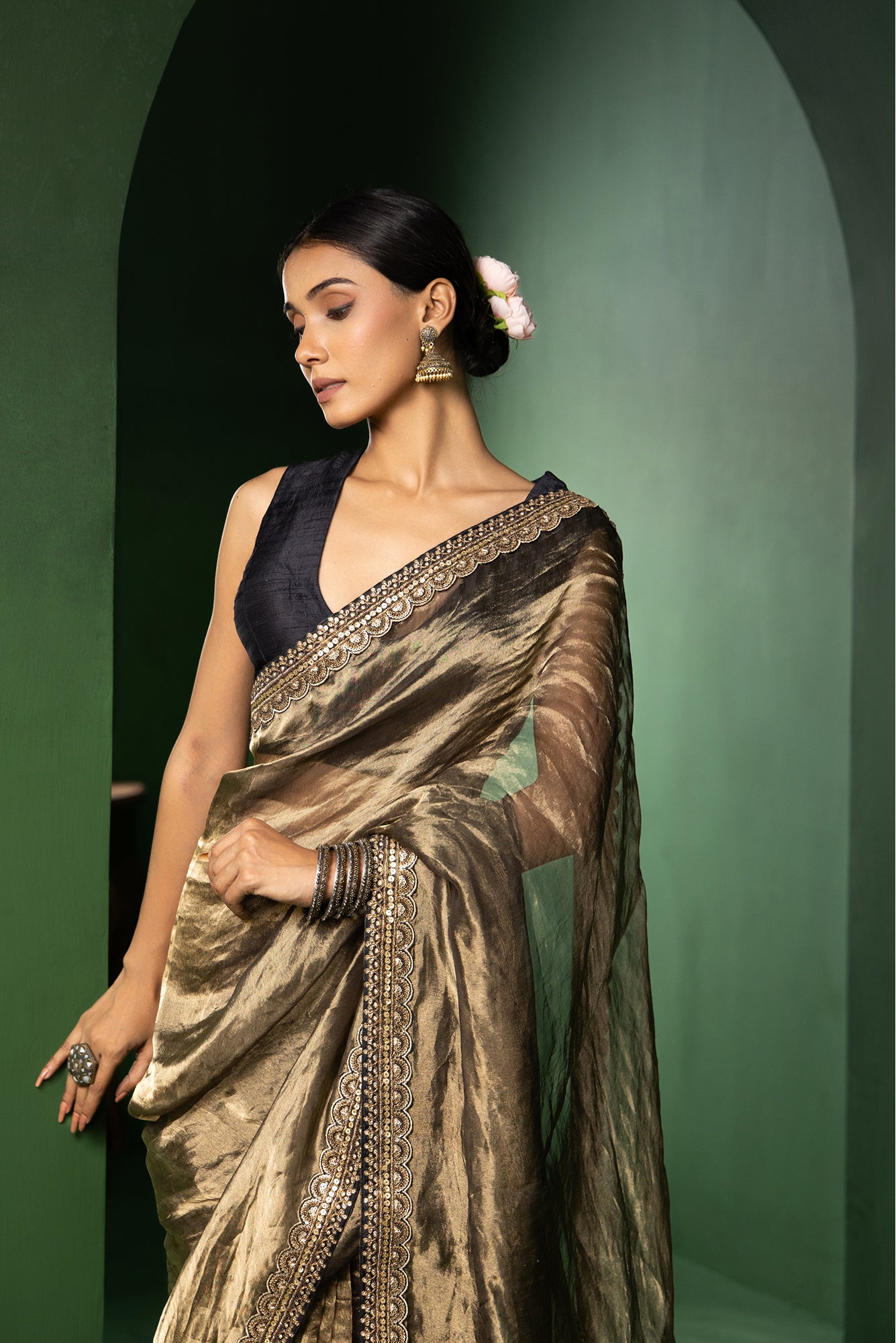 Moonlight Gold Silk Organza Tissue Saree