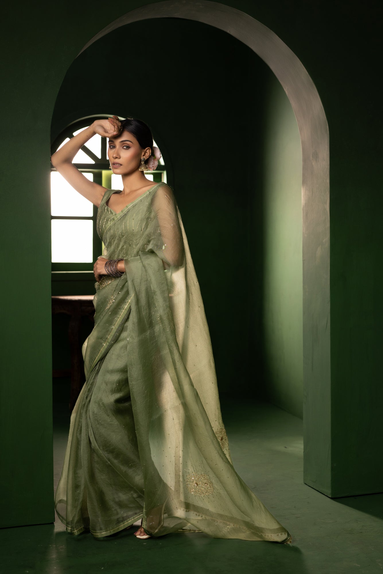 Sage Green Peony Organza Saree