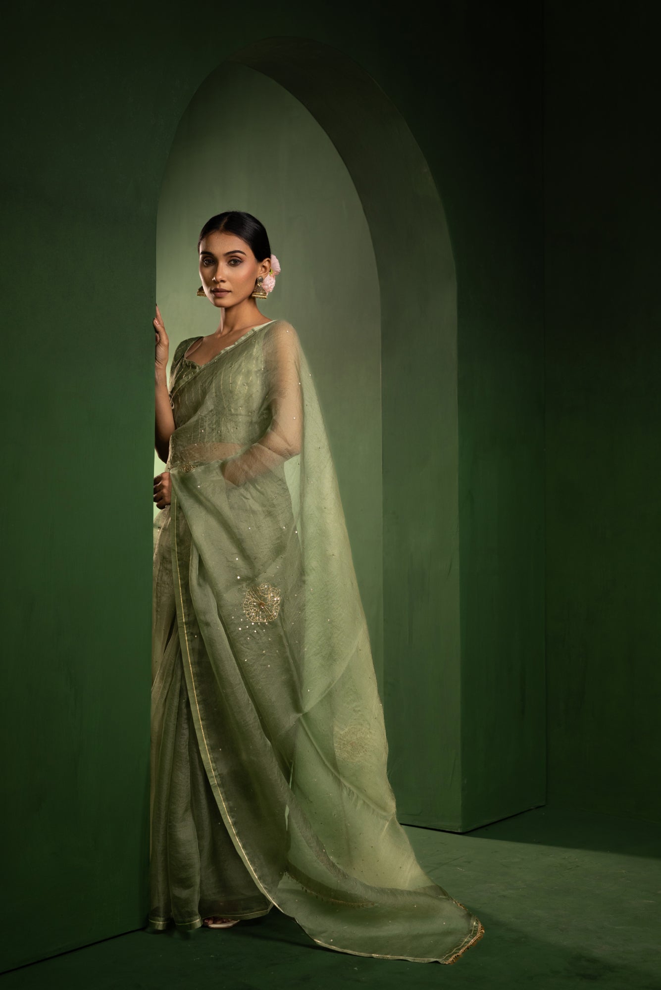 Sage Green Peony Organza Saree