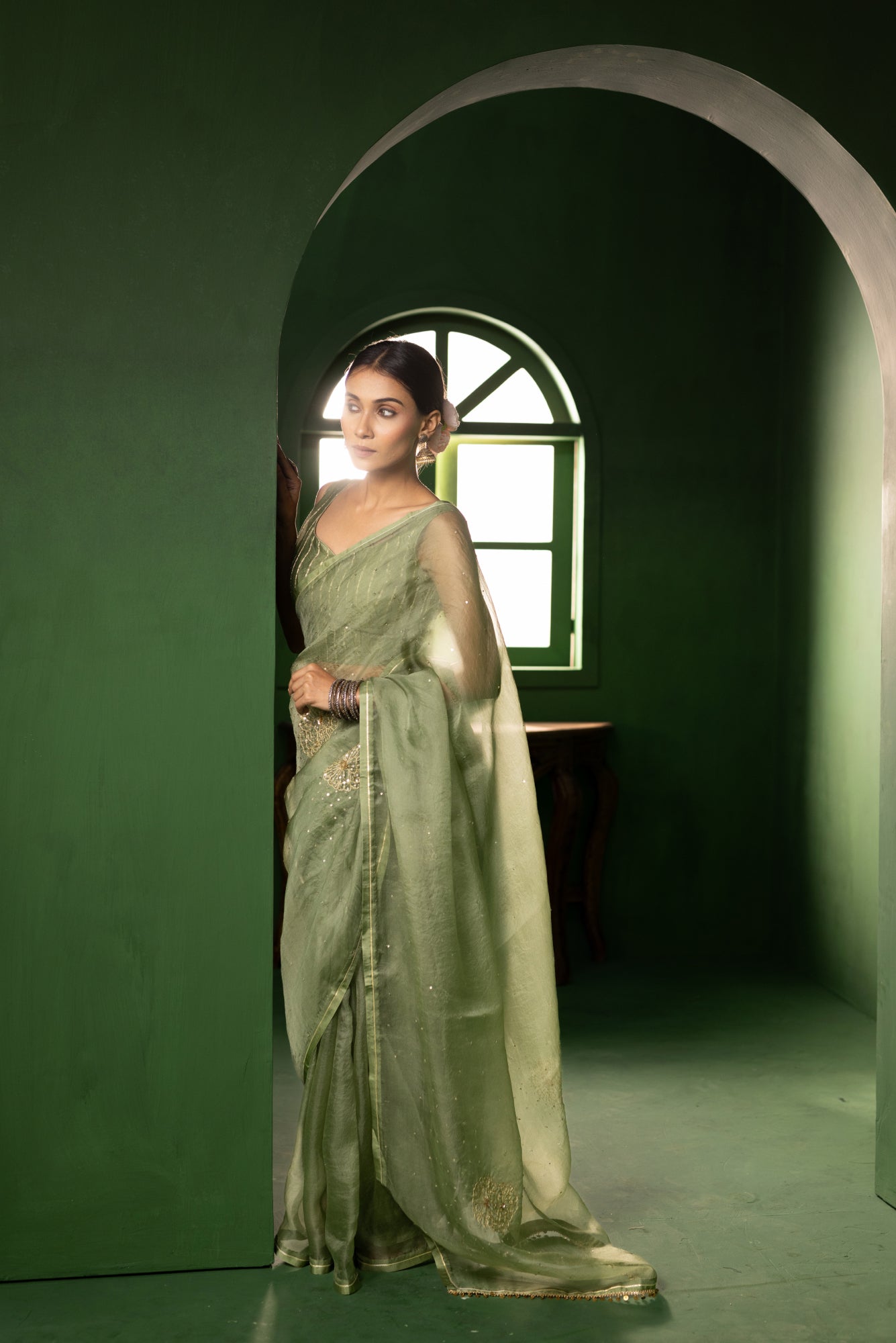 Sage Green Peony Organza Saree