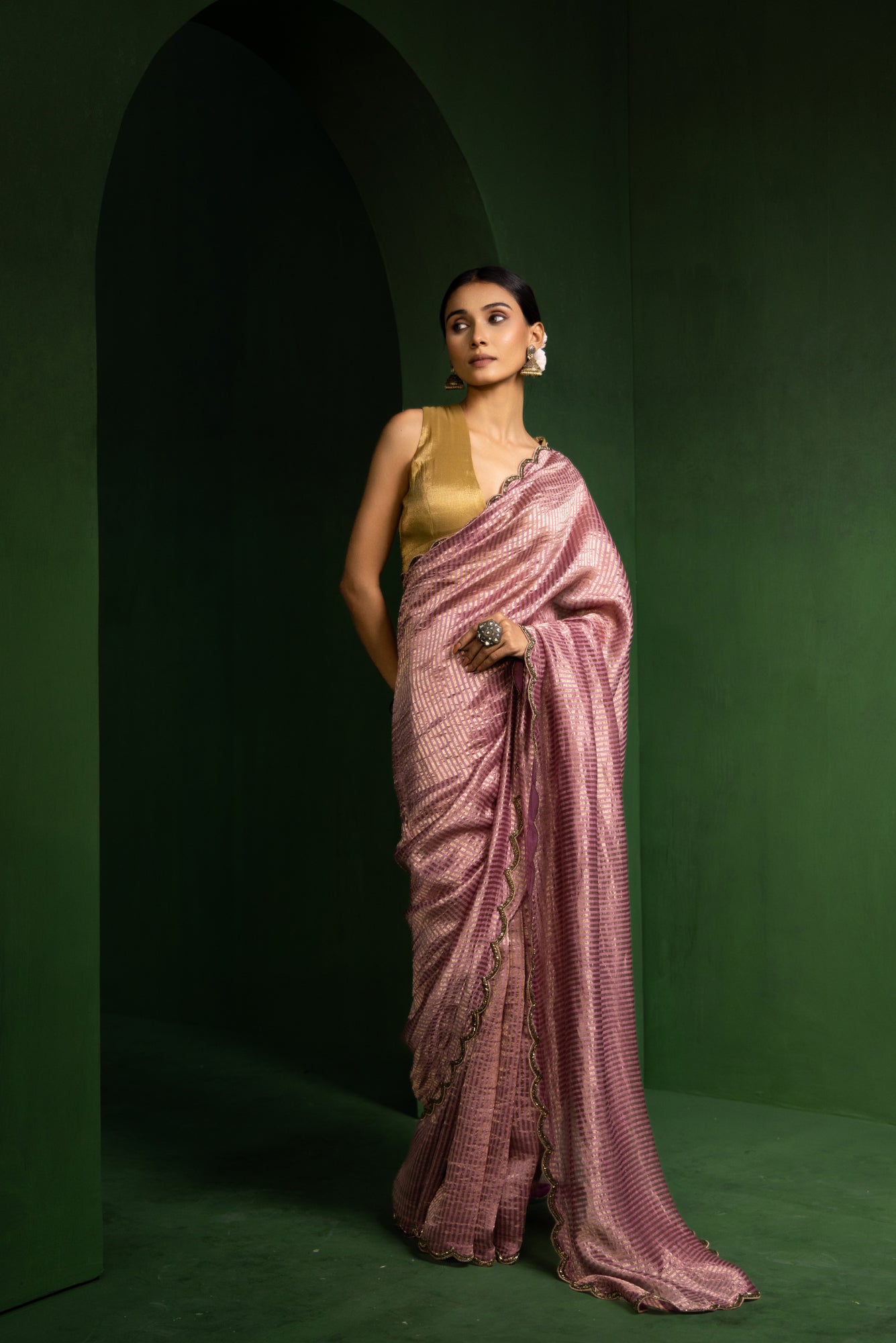 Vintage Mauve Pure Zari Stripes Saree