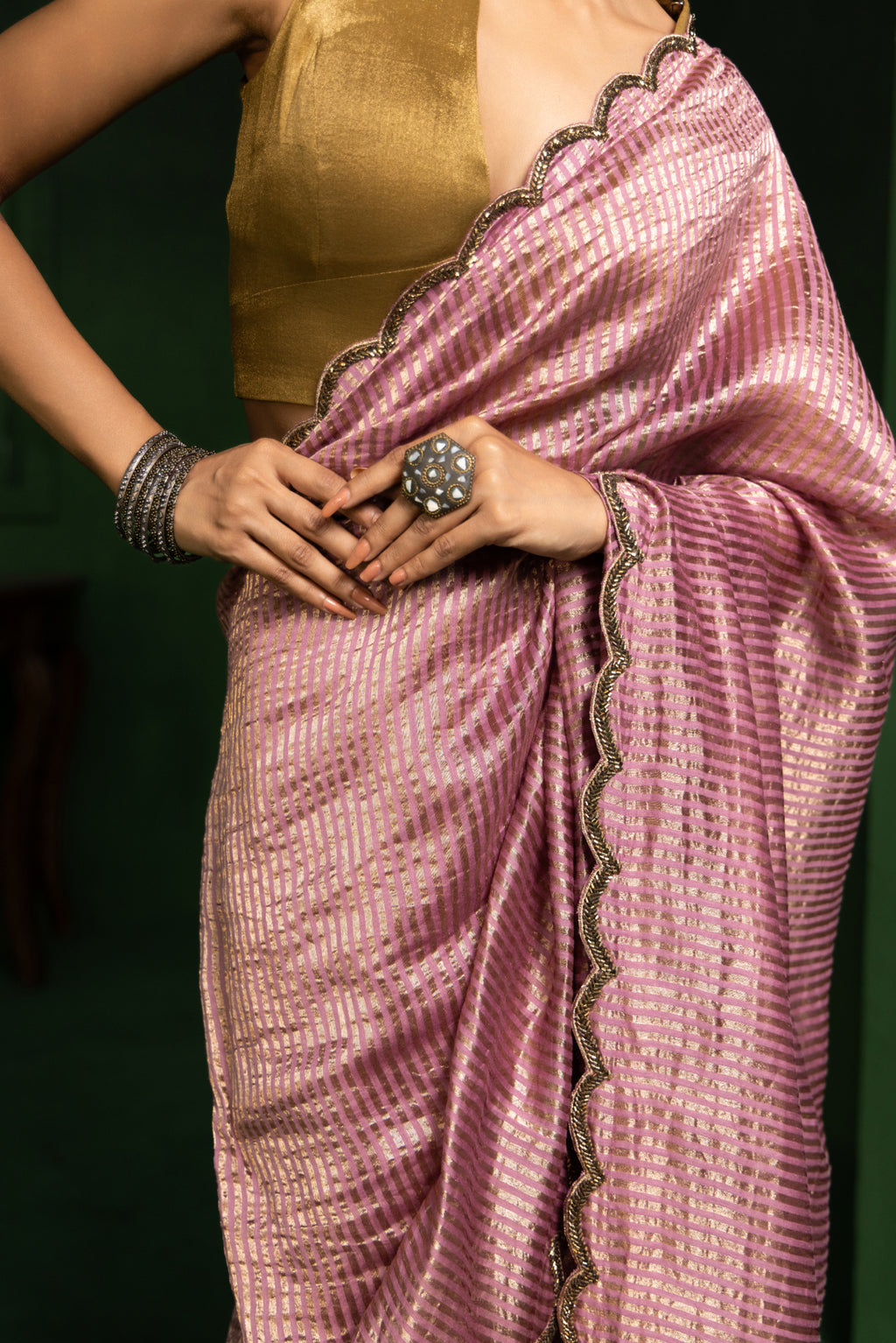Vintage Mauve Pure Zari Stripes Saree