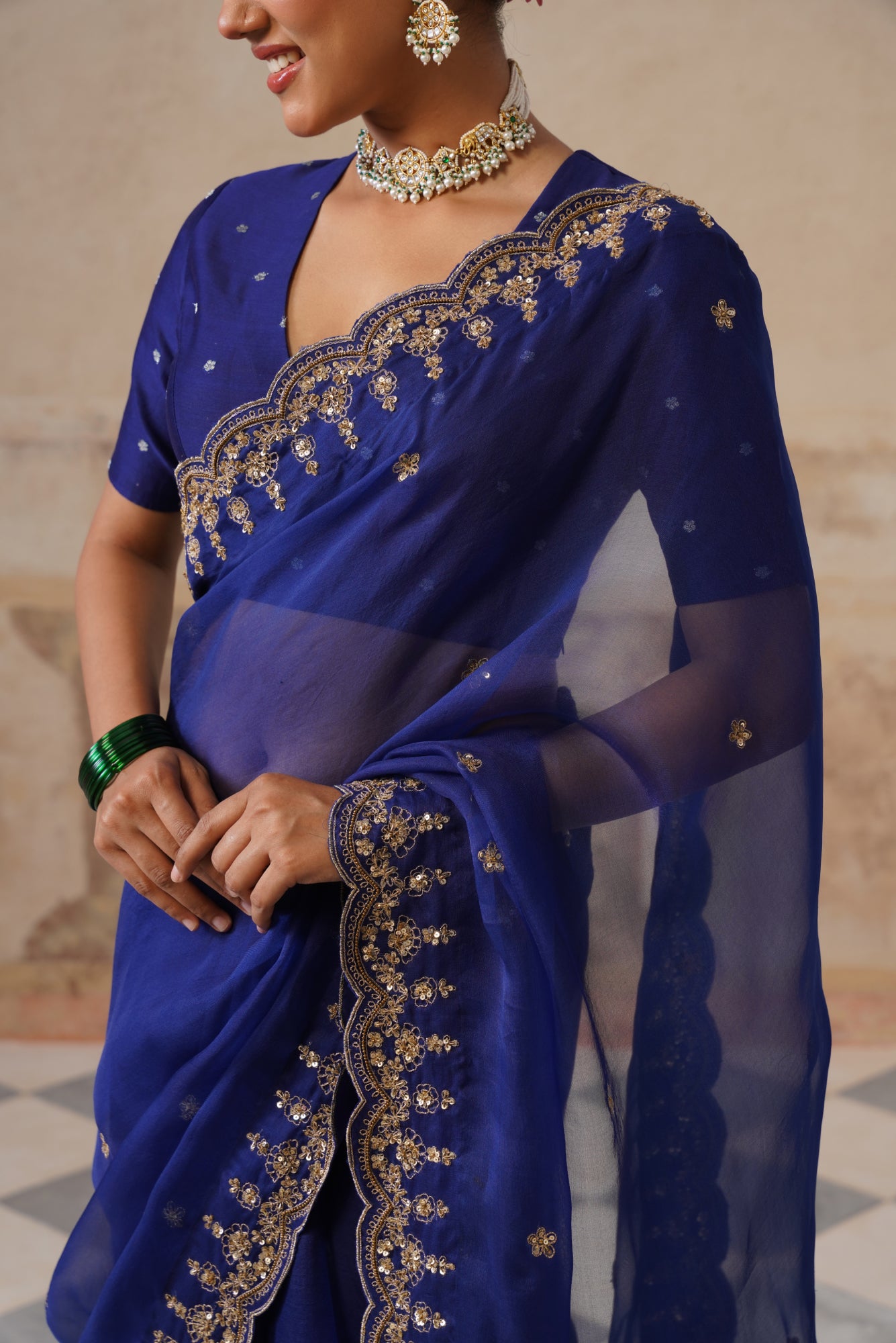 Zoha Scallop Ink Blue Saree