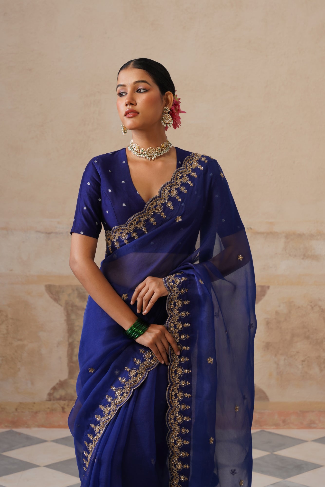 Zoha Scallop Ink Blue Saree
