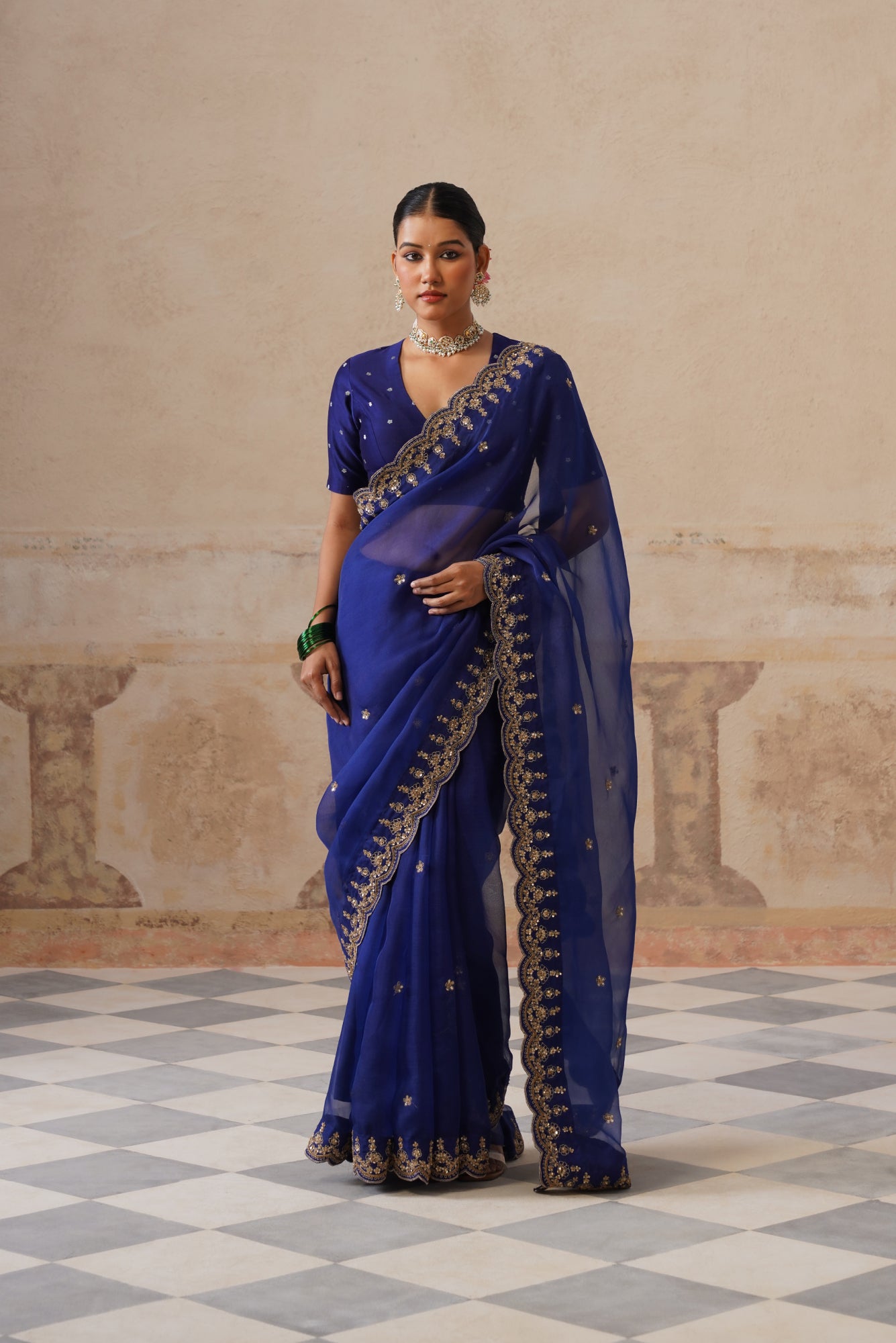 Zoha Scallop Ink Blue Saree