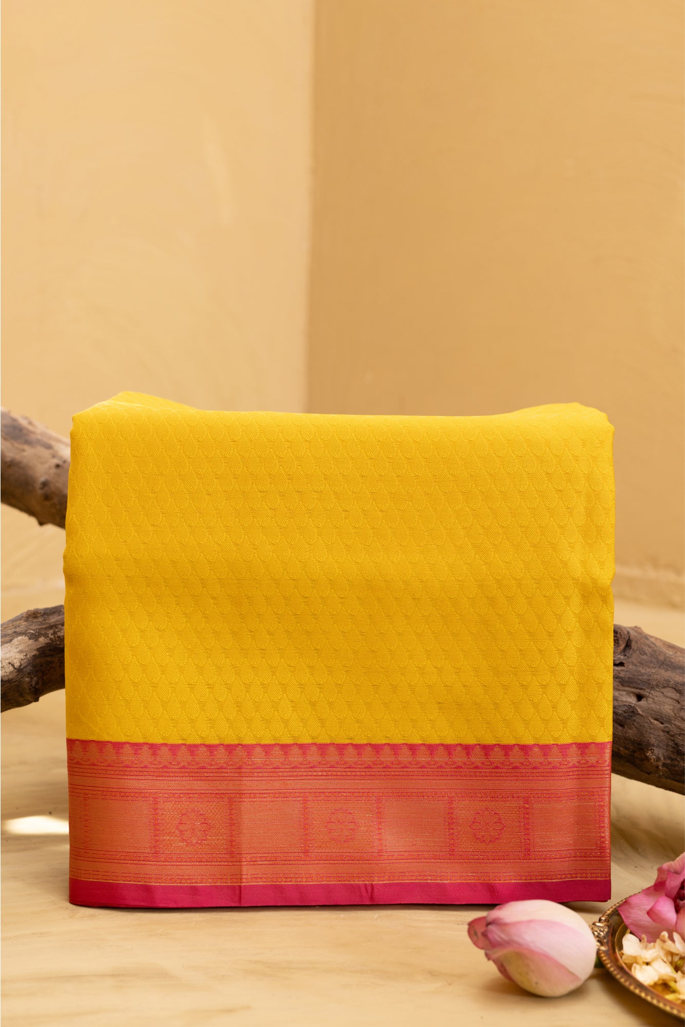 Yellow Kora Tanchoi saree