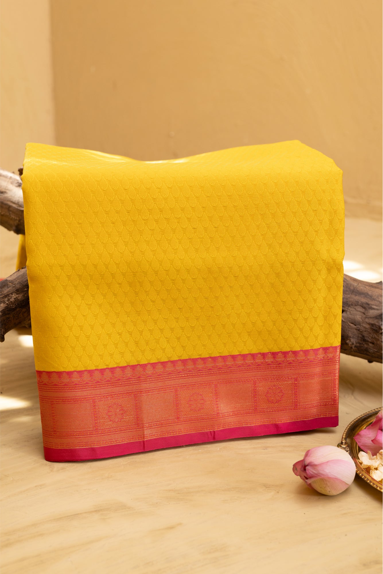 Yellow Kora Tanchoi saree