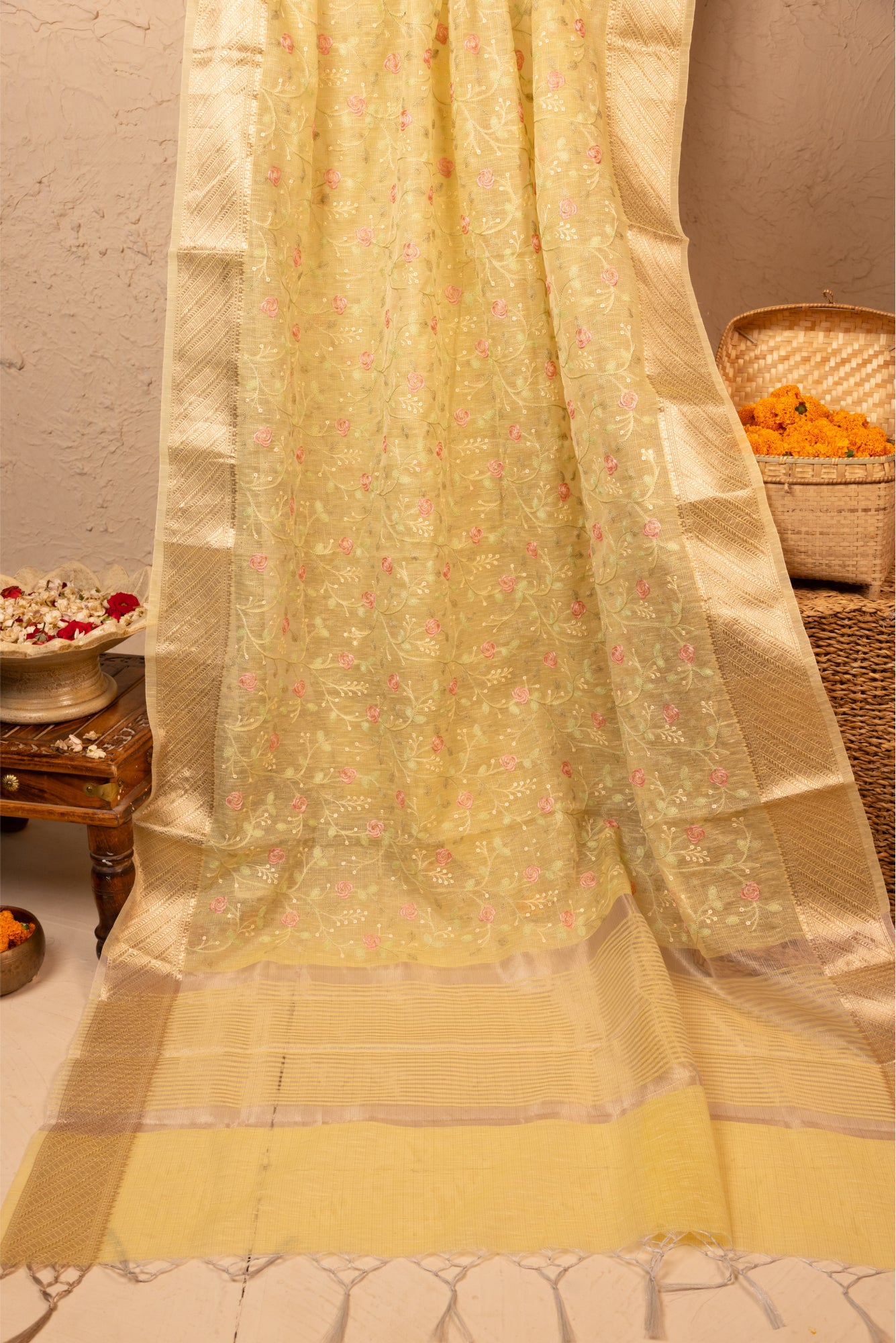 Linen Embroidered Lime Green Saree