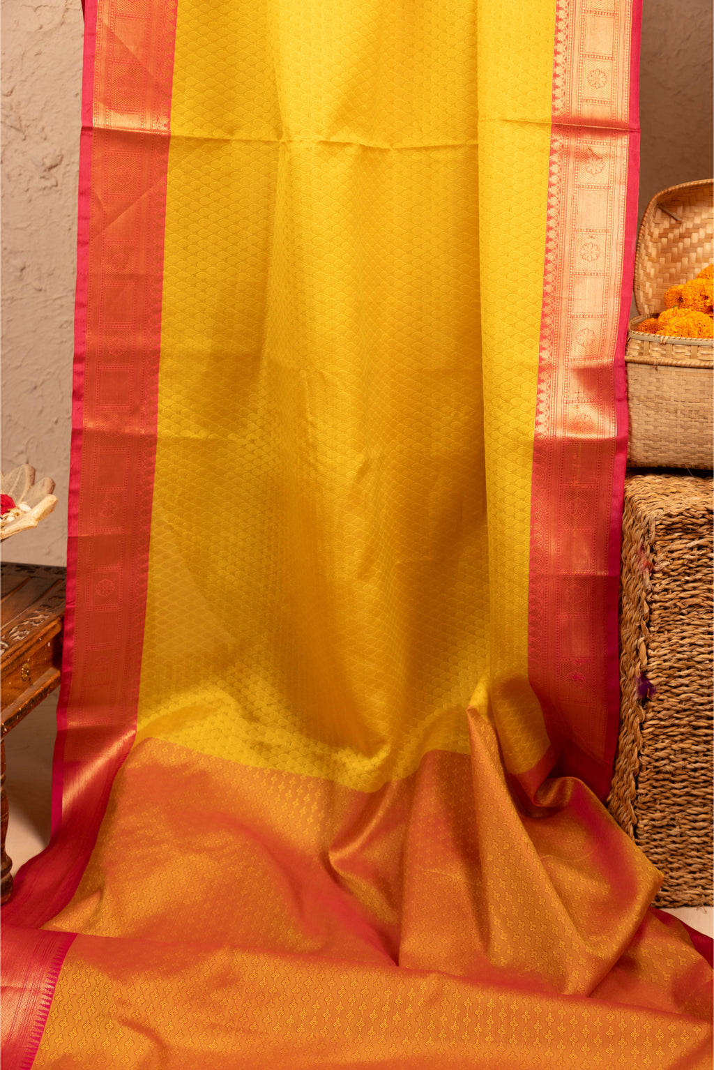 Yellow Kora Tanchoi saree