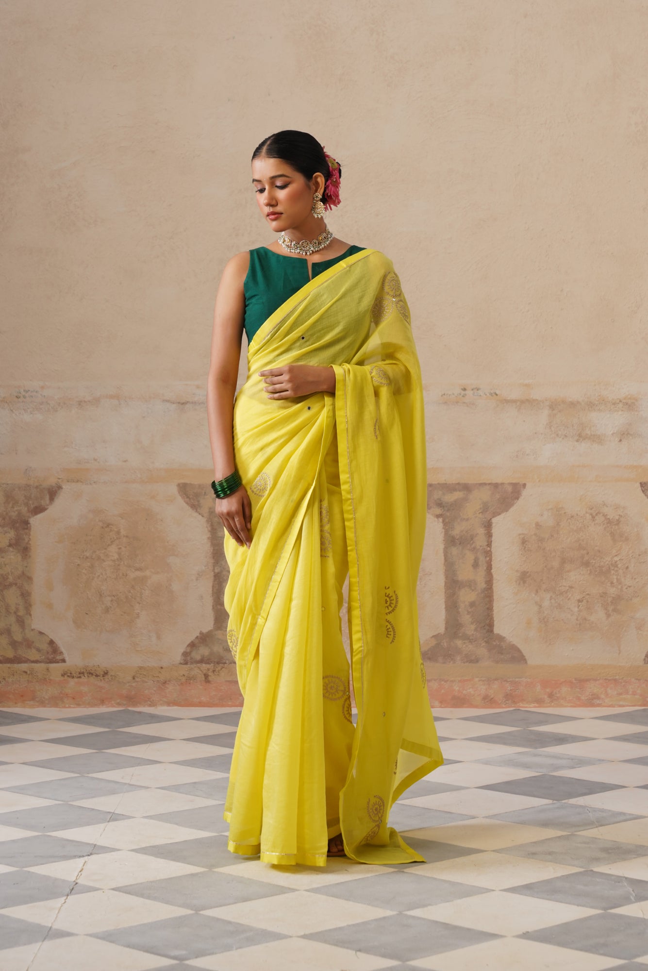 Lailah Cotton Silk Lime Saree
