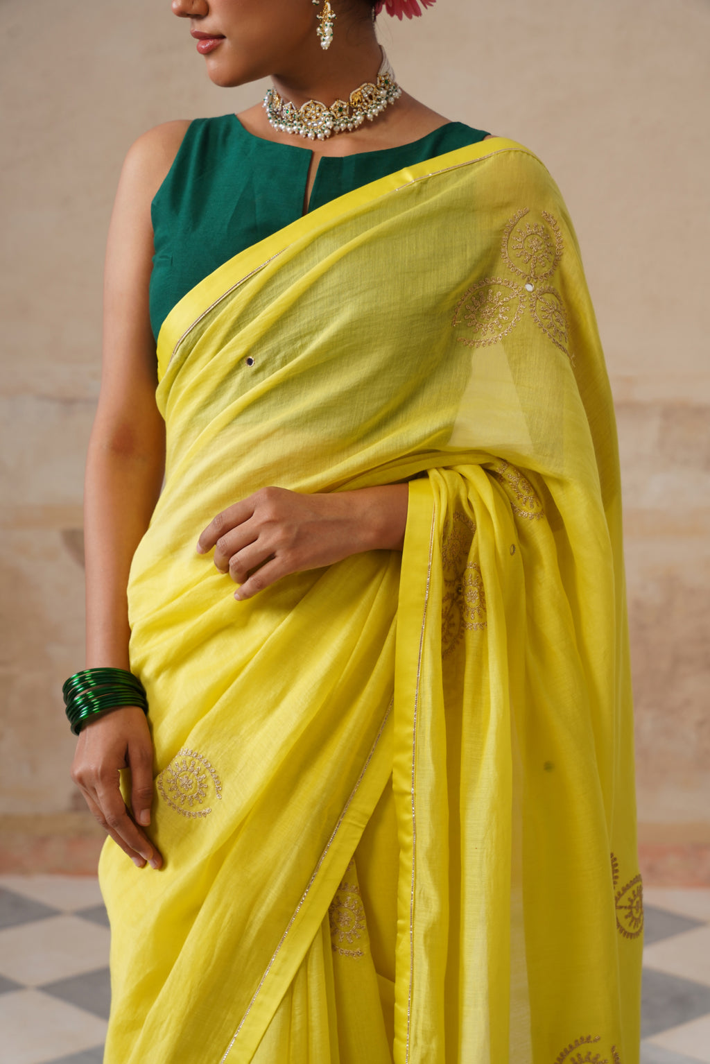 Lailah Cotton Silk Lime Saree