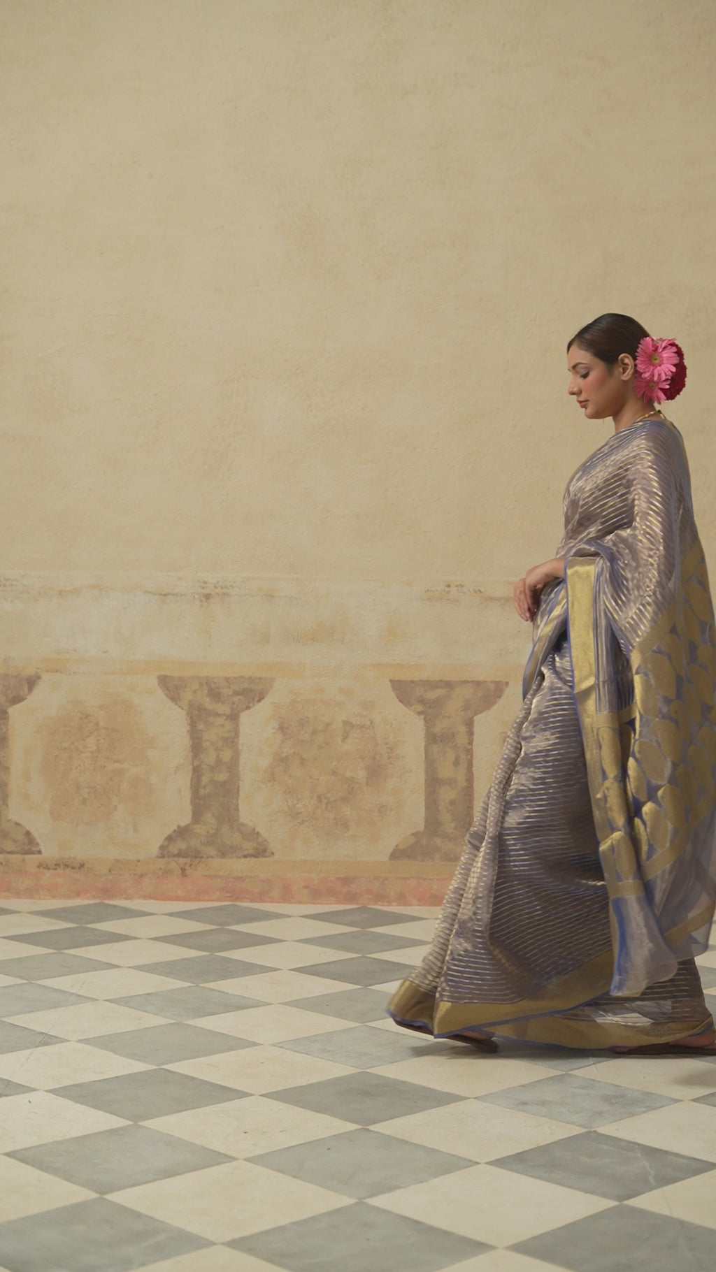 Navy Blue Silk Tissue Stripes Saree